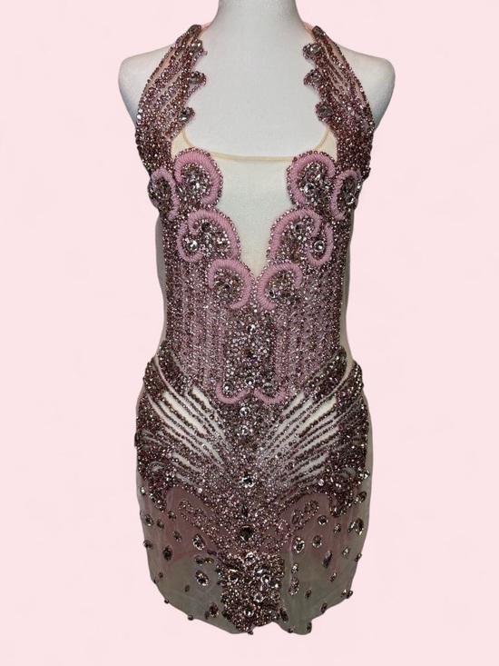 Amekana Dresses & Skirts - Bodycon Bedazzled Gem Sheer Pink Dress with Velvet Back